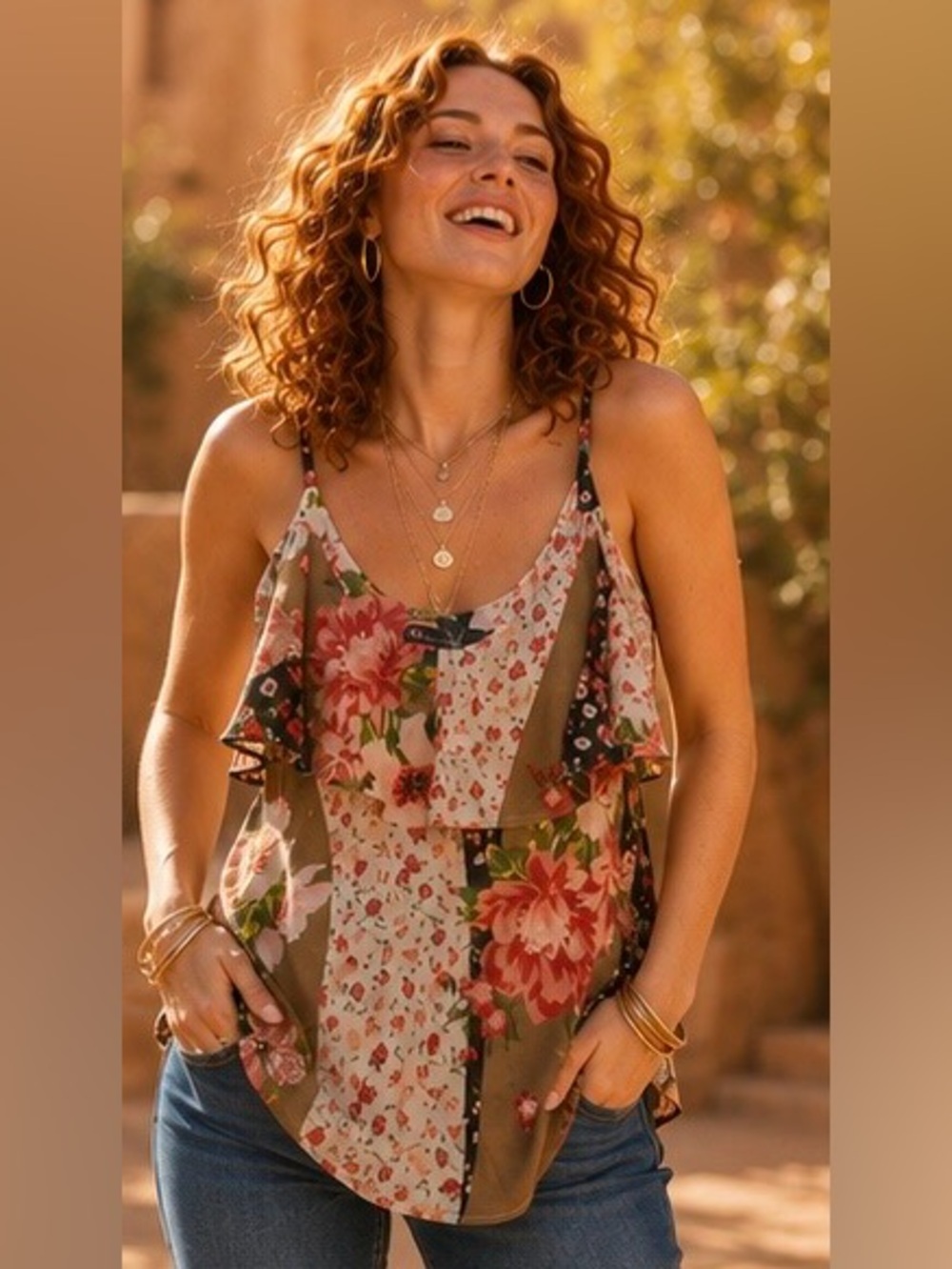7th Avenue Design Studio Boho Patchwork Floral Ruffled Blouse With Straps | Sz S